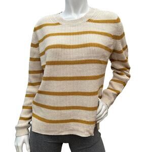 Goodthreads Women's Cotton Shaker Stitch Crewneck Striped Sweater Oatmeal/Gold M